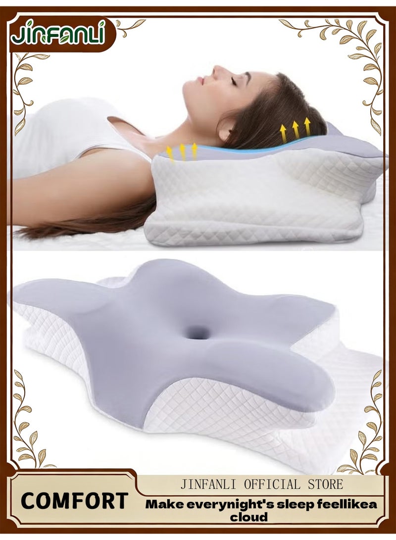 جين فان ل أنا وسادة رقبة على شكل فراشة 62 × 13 سم مع حقيبة تخزين، مناسبة لتخفيف آلام الكتف والرقبة، وسادة رقبة من إسفنج الذاكرة، مريحة، وسادة سرير داعمة للرقبة - Image 1